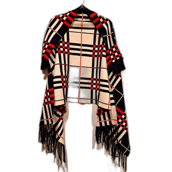 Cherie Bliss Shaw Scarf Shrug sweater top, plaid with fringe womens one size - Picture 1 of 8